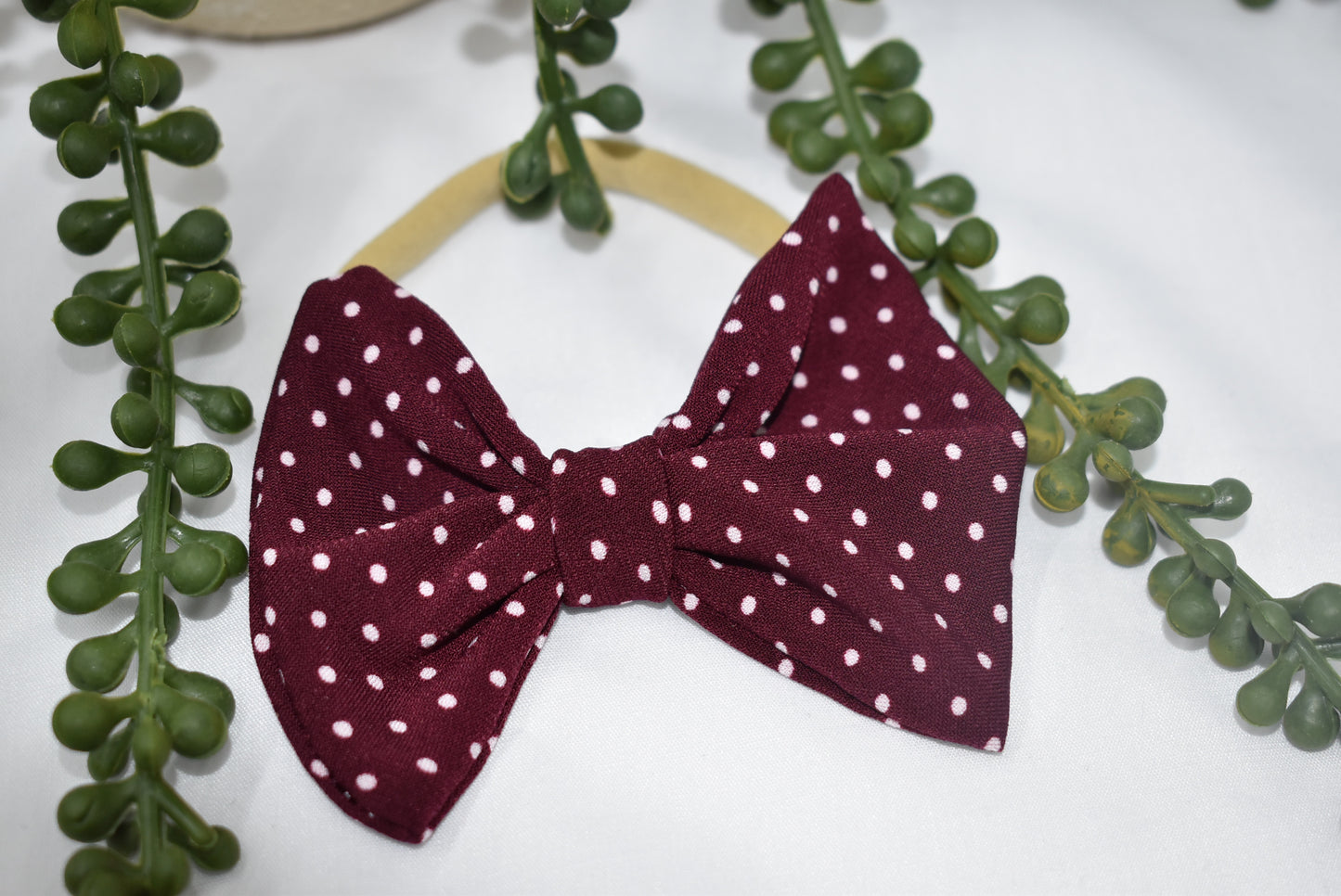 Burgundy and Pink Polka Dot Bow Headband